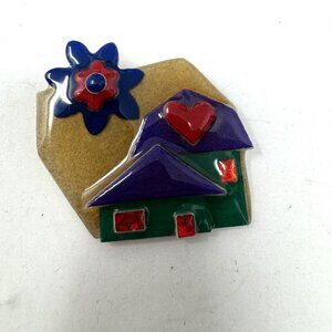 Vintage Lucinda House Pins® Handmade Brooch With Heart Flower & House Design